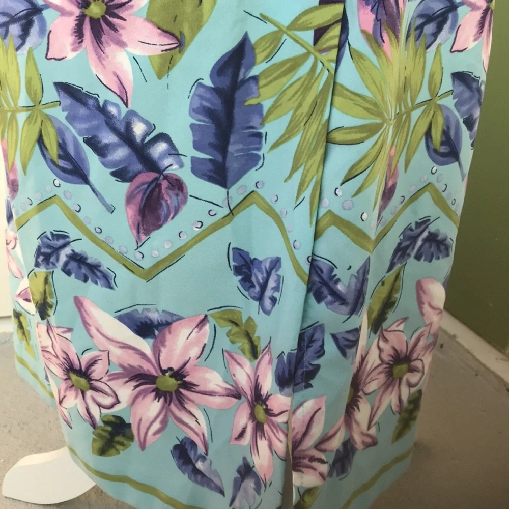 Vintage 80s 90s Tropical Pink and Blue Floral Midi Dress - Picture 6 of 6